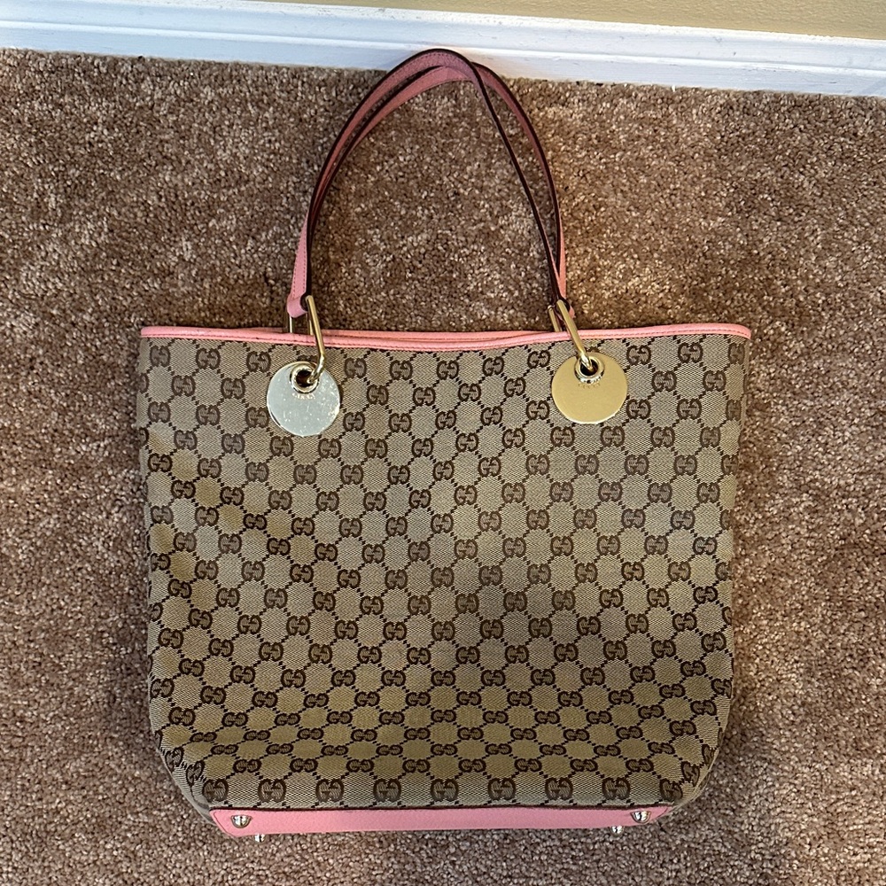 Gucci Beige GG Canvas Tote with Pink Trim and Gold Accents